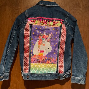 Upcycled Denim Jacket - Unicorns - Girl's L (10/12)