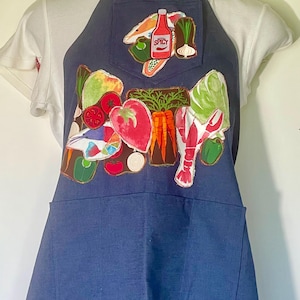 Bib Apron Apron - Gender Neutral - Fits Most - Stretch Denim - Spicy Veggies and Shellfish