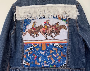 Upcycled Denim Jacket  with Cowboys and Cowgirl - Child 6/L