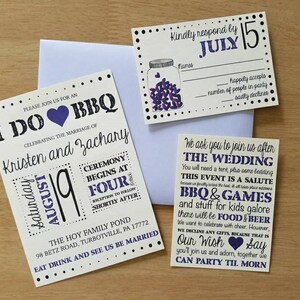 May include: Wedding invitation suite with a BBQ theme. Includes invitation, RSVP card, and details card. The invitation features the text "I DO BBQ" and the names Kristen and Zachary. The RSVP card has a jar graphic and the date July 15.
