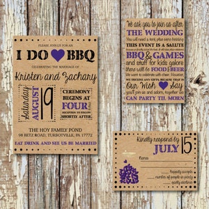 May include: A set of rustic wedding invitations with a BBQ theme. The main invitation features "I DO BBQ" and wedding details. Additional cards include event information and a response card. The text is in black and purple on a kraft paper background.