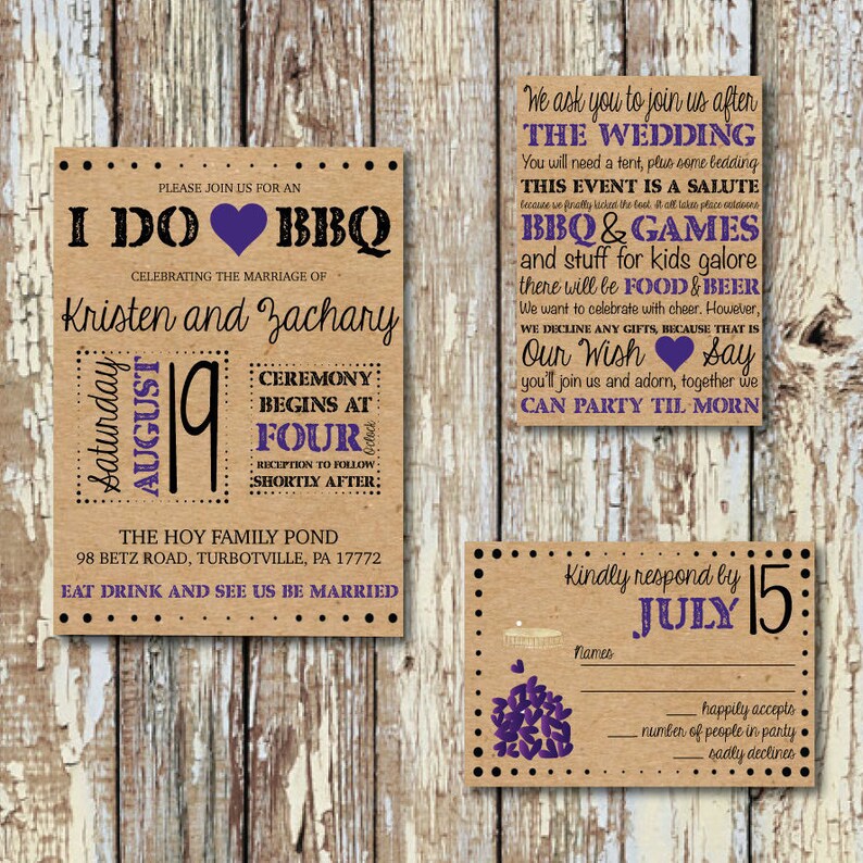May include: A set of rustic wedding invitations with a BBQ theme. The main invitation features "I DO BBQ" and wedding details. Additional cards include event information and a response card. The text is in black and purple on a kraft paper background.