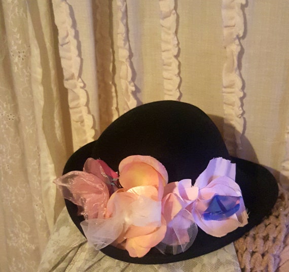 Vintage black hat, floral hat, flower millinery, f