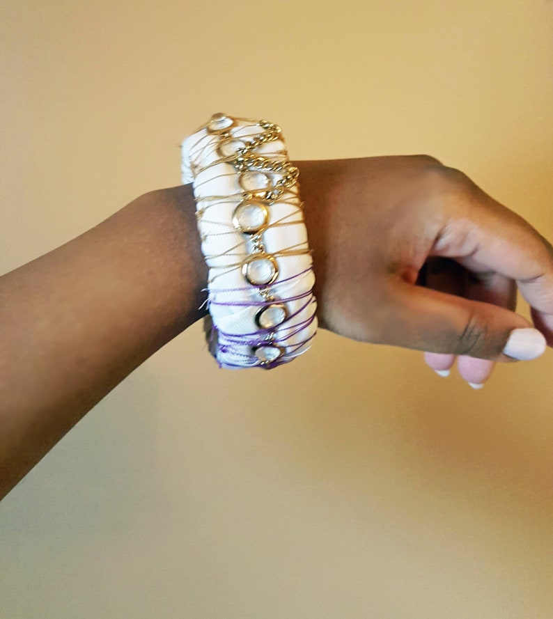 ribbon bracelet craft jewelry gold chain thread detailing large bangle sparkly Fabric bracelet glass stone