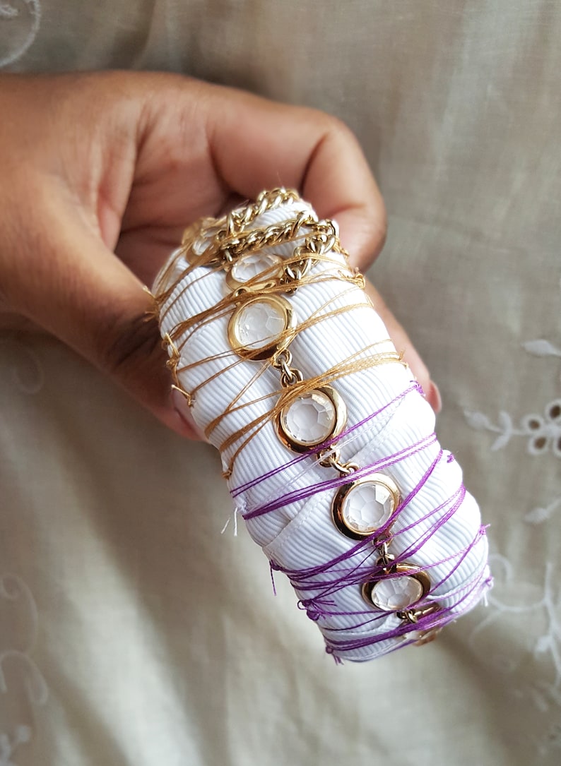 ribbon bracelet craft jewelry gold chain thread detailing large bangle sparkly Fabric bracelet glass stone