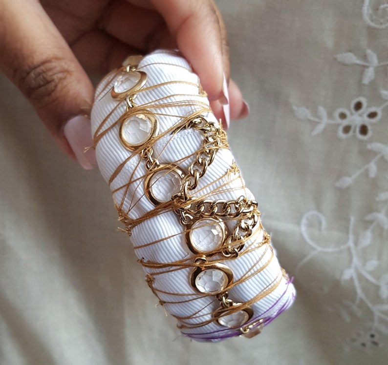 ribbon bracelet craft jewelry gold chain thread detailing large bangle sparkly Fabric bracelet glass stone
