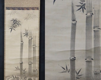 Antique Japan scroll painting bamboo and sparrow 1700 Kakejiku art