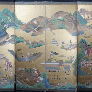 Antique big size Japan Samurai city and landscape painting 1800s Byobu art wind screen
