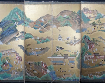 Antique big size Japan Samurai city and landscape painting 1800s Byobu art wind screen