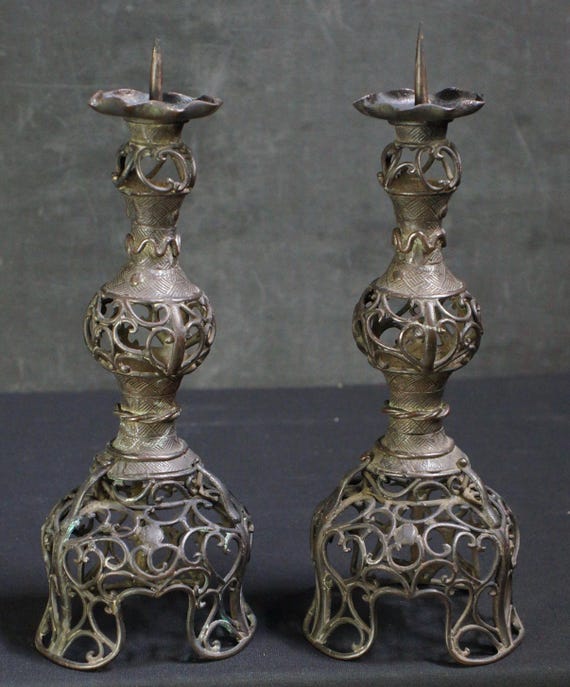 Antique Japanese Beppuzaiku Bronze Candle Stand Sculpture 1750