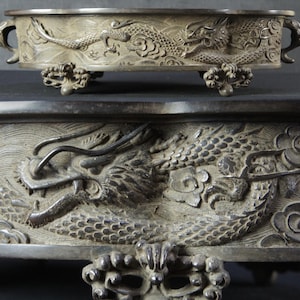 Japan bronze Ikebana basin vase Suiban lost wax art 1900 dragon Tatsu