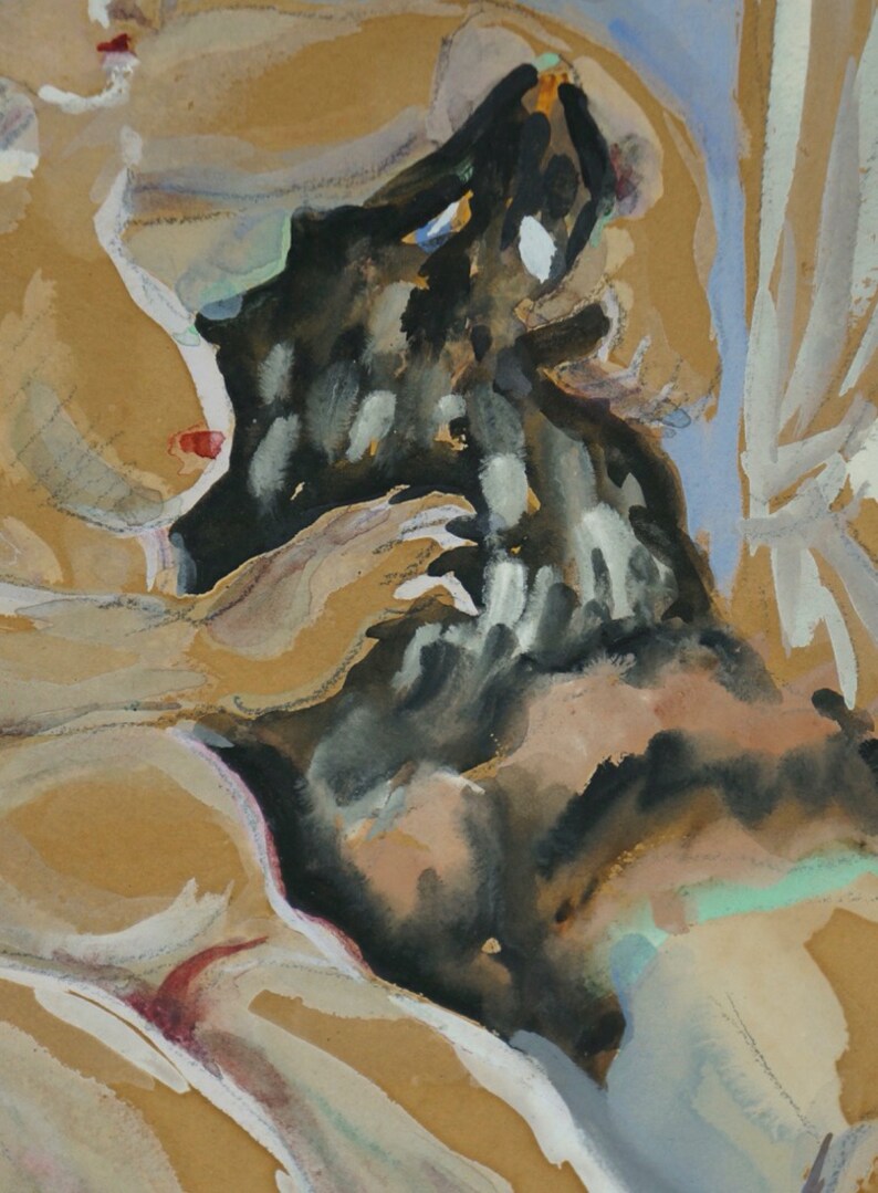 Puede incluir: Una pintura de acuarela de una persona sosteniendo un perro negro. La cabeza del perro est&aacute; inclinada hacia arriba y sus ojos est&aacute;n cerrados. La mano de la persona est&aacute; descansando sobre la espalda del perro. La pintura est&aacute; hecha en un estilo suelto y expresivo.