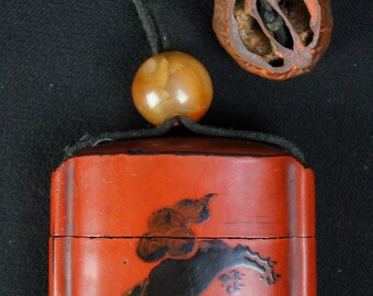アンティーク 日本 印籠 獅子と椿の薬箱 1800年代 歴史的な漆器 - Etsy