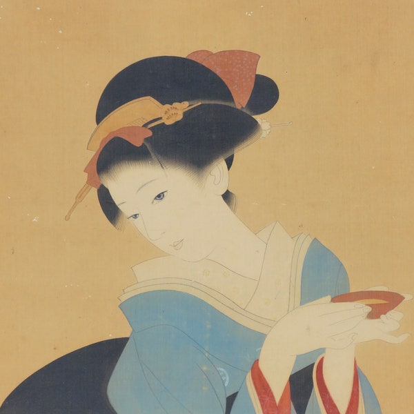 Tableau Japon Geisha et Sakazuki Même tasse 1950 aquarelle sur soie