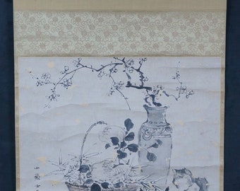 アンティーク墨絵 水墨画 日本の巻物 花の構図 1870 年代 禅アート