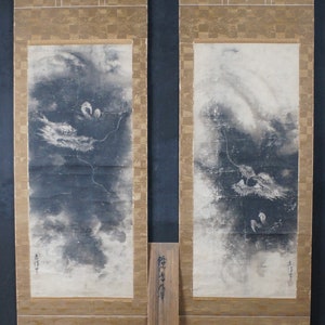 Antique Zen master Takanobu Japan Buddhist temple Tatsu thunder dragon painting XVI Century