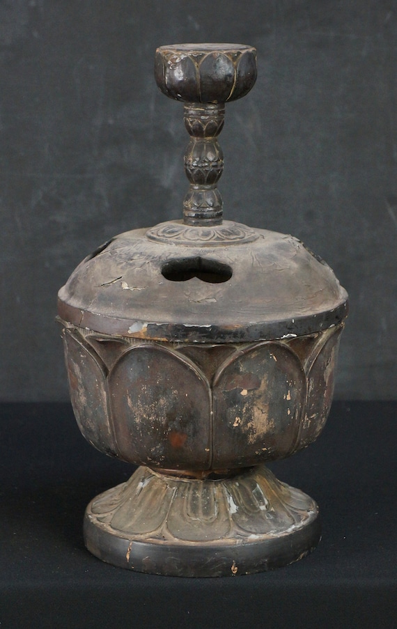 Antique Japan Zen Buddhist Temple Koro Censer Lotus Wood Sculpture