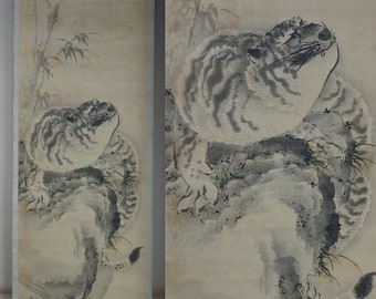 Antique Japan tiger scroll Nekotora Zen art 1800s Edo painting