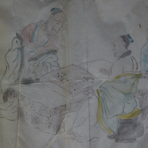 Antique Japan Sumi-e ink and watercolor sketch 1800 Washi craft