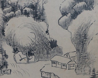アンティーク日本水墨画風景画1800年代の芸術墨絵禅インテリア