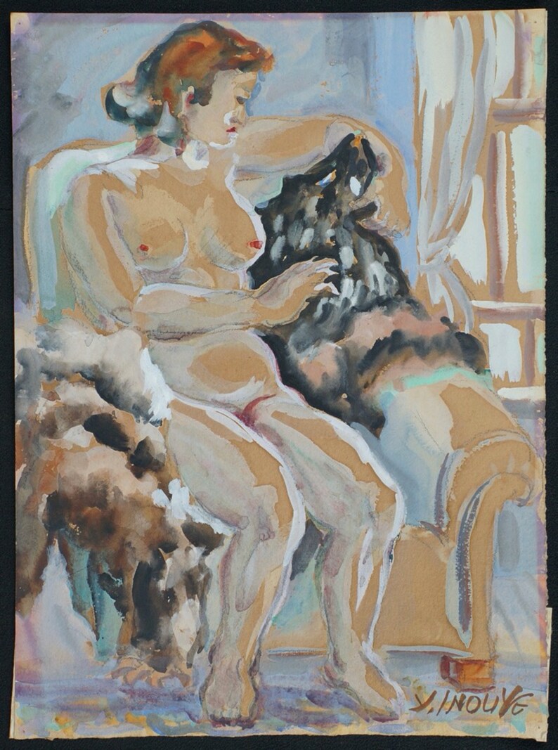 Puede incluir: Una pintura de acuarela de una mujer desnuda sentada en un sof&aacute; con un perro. La mujer tiene el pelo rojo y lleva una tela blanca alrededor de la cintura. El perro es negro y blanco y est&aacute; sentado en el regazo de la mujer. La pintura est&aacute; hecha en un estilo suelto con muchos trazos de pincel. El fondo es azul claro y blanco.