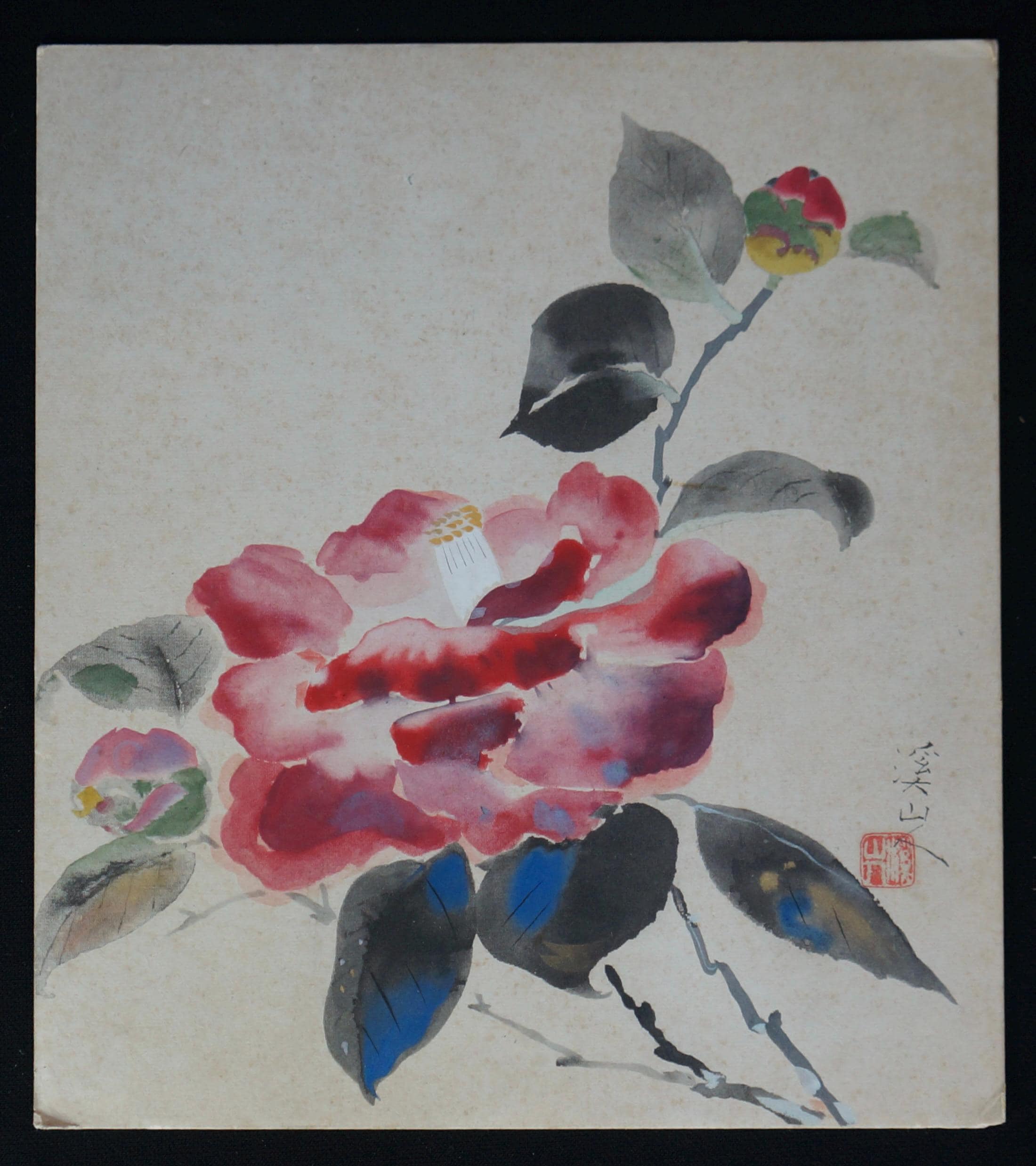 色紙に描かれた日本の水彩画「椿」 手工芸品 1980年 - Etsy 日本