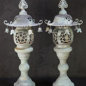 Antique Japan Buddhist temple bronze lantern 1917 altar oil lamp