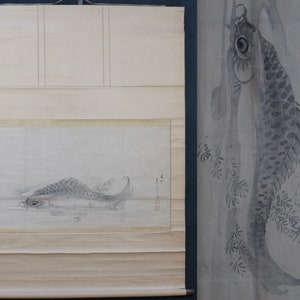 Antique Japan Koi carp ink panting scroll 1700 Sumi-e Kakejiku Ojiroyama
