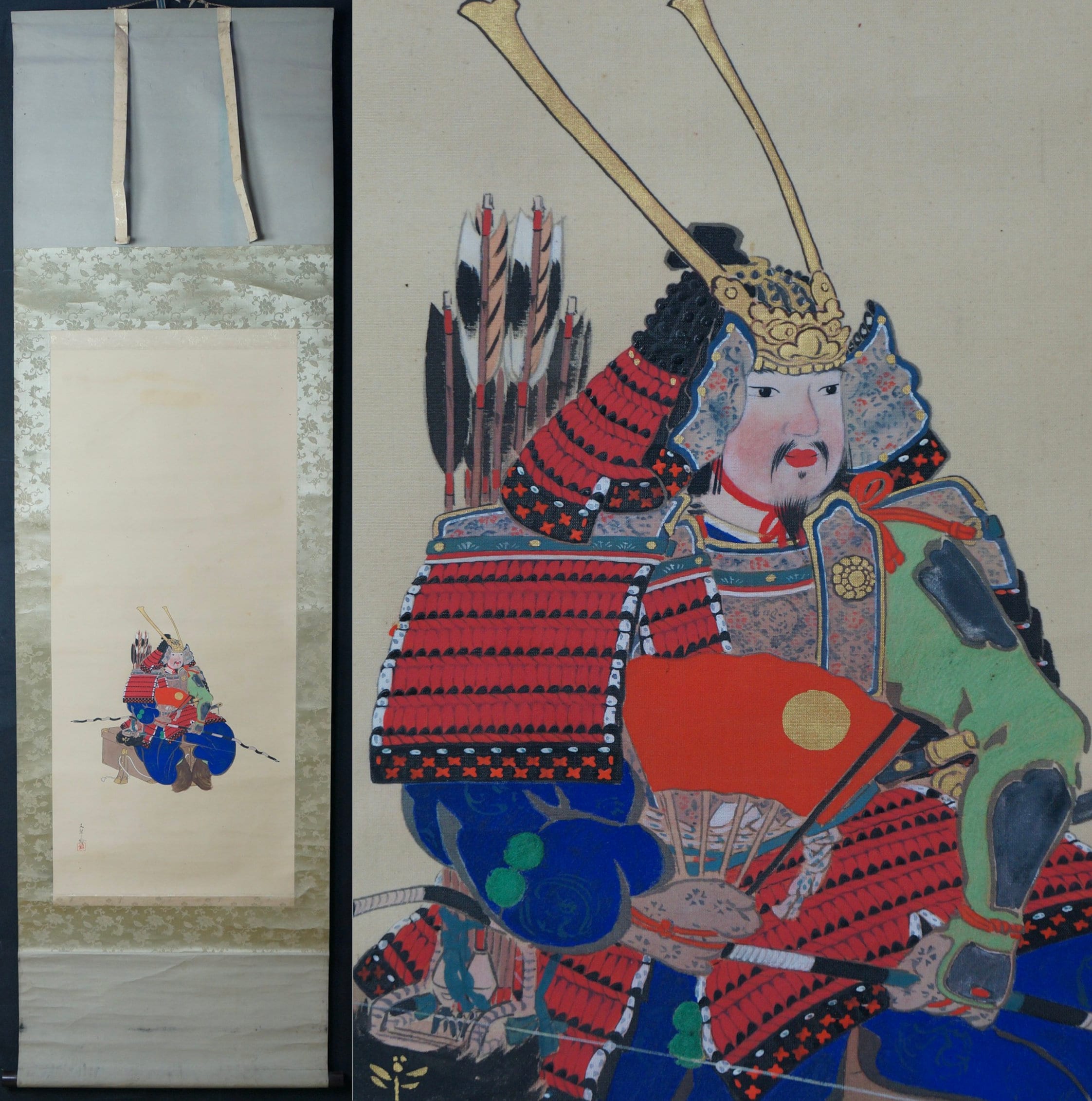 Japanese Samurai Scroll Painting on Paper 1950s Japan Kakejiku Art