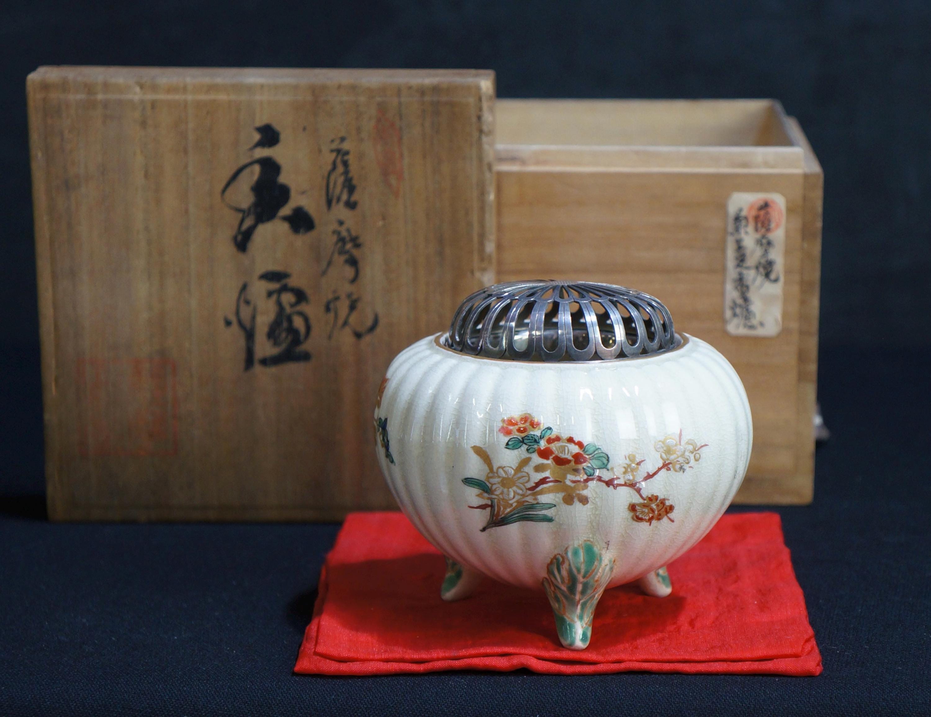 Antique Japanese Satsuma Ceramic Koro Censer Silver Lid 1900 Art