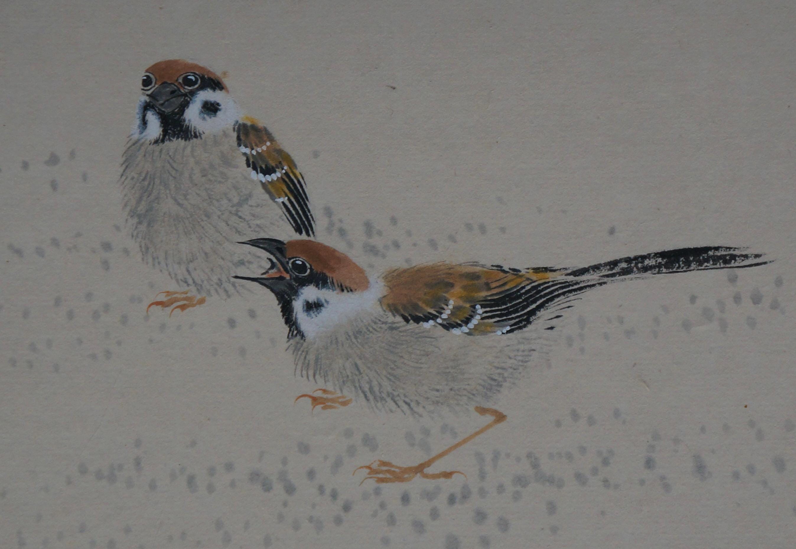 日本 雀 スズメと竹 手描き 紙に描く 1970年 水彩 - Etsy 日本