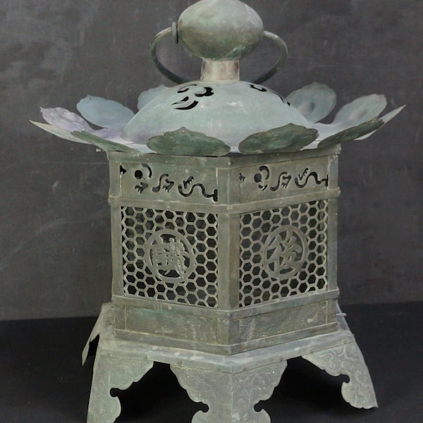 Antique Japanese Buddhist lantern Tsuridoro temple lamp dated 1847 bronze craft