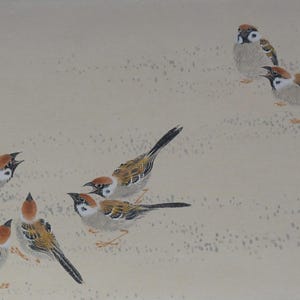Japan Suzume sparrow and bamboo hand painting on paper 1970 water color
