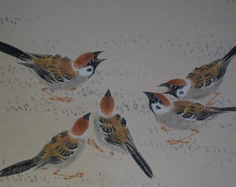 日本 雀 スズメと竹 手描き 紙に描く 1970年 水彩 - Etsy 日本