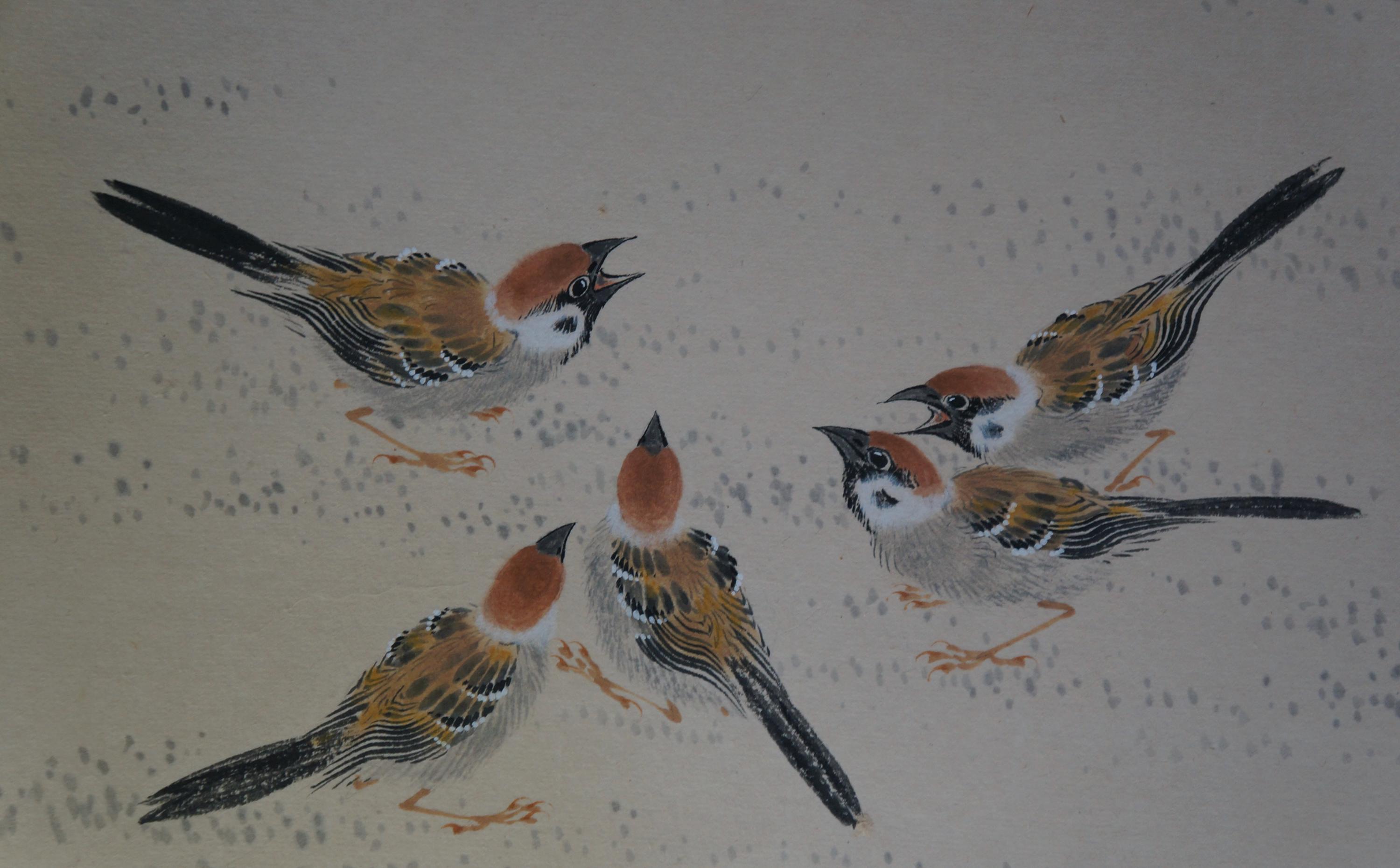 スズメと竹の日本画 約27cm 日本 雀 スズメと竹 手描き 紙に描く 1970年 水彩 - Etsy 日本