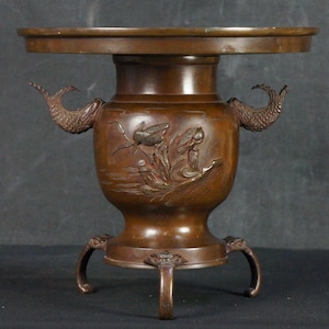 Japan Usubata bronze vase craft 1900 antique Ikebana floral vessel