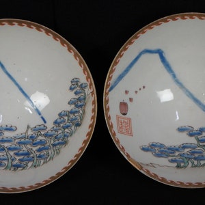 Antique Japan Fuji ceramic bowls set Meshichawan 1800 Yakimono hand craft