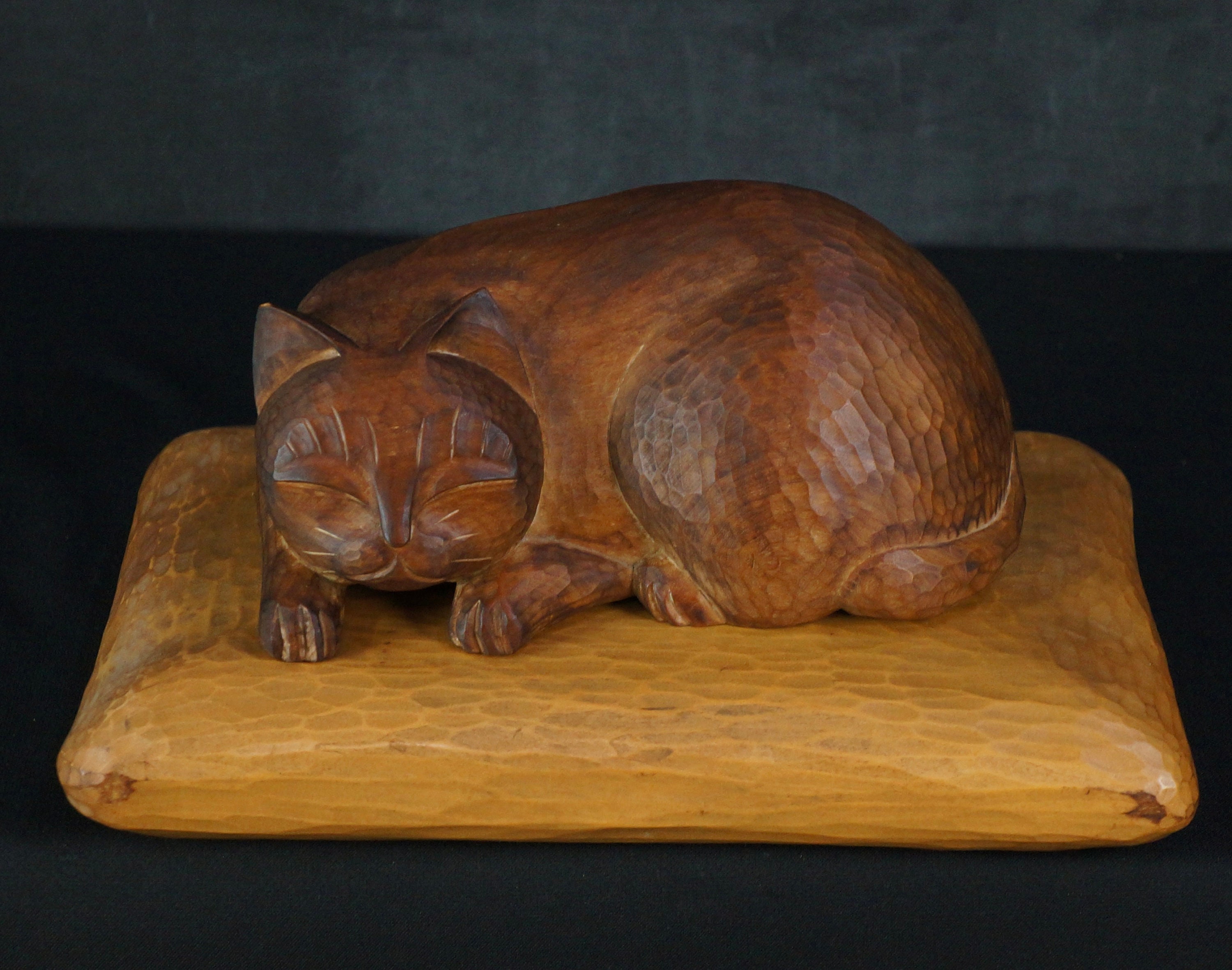 Japan Cat Neko Kibori Wood Carving Sculpture 1950s Komin