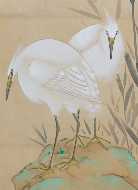 池の中の鷺鳥 ミニマリスト 江戸水墨画 1950年 - Etsy 日本