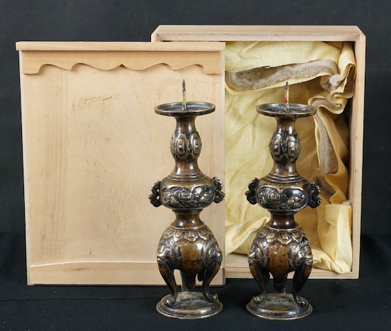 アンティーク仏教燭台日本製ブロンズキャンドルスタンド 1900年製