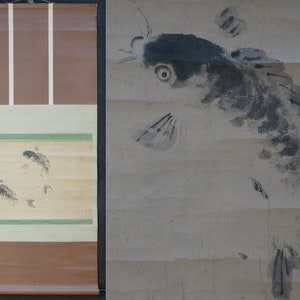Antique Japan ink Zen scroll Koi carps 1800 Sumi-e art