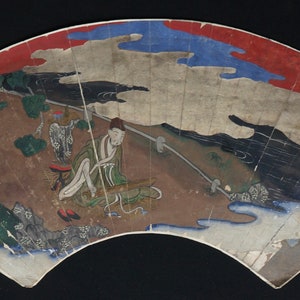 Antico dipinto Japan Sensu con interni d'arte giapponese del 1800