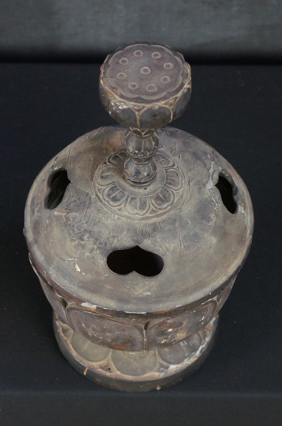 Antique Japan Zen Buddhist Temple Koro Censer Lotus Wood Sculpture