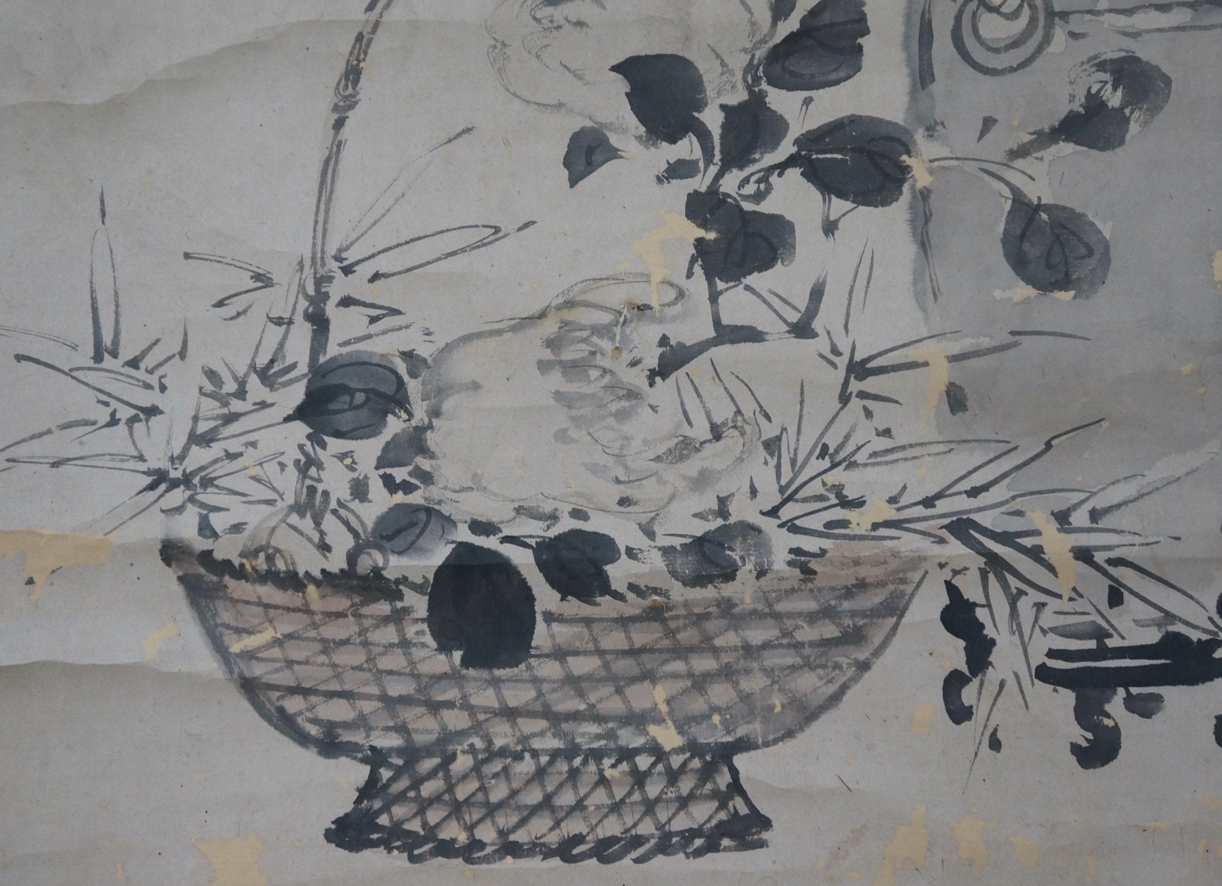 アンティーク墨絵 水墨画 日本の巻物 花の構図 1870 年代 禅アート