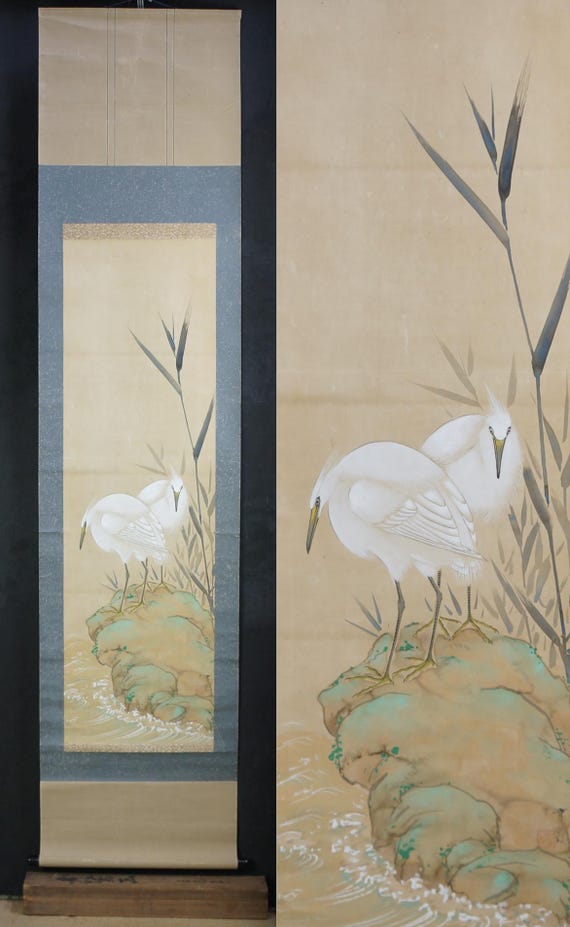 池の中の鷺鳥 ミニマリスト 江戸水墨画 1950年 - Etsy 日本