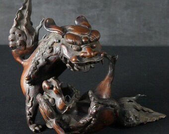 日本製 青銅製 獅子 狛犬 彫刻 香炉 コロロストワックス技法 1900年