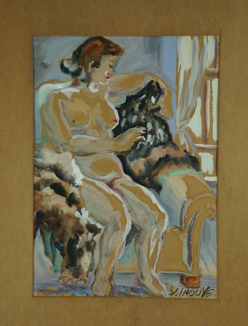 Pintura de acuarela japonesa sobre papel, 1930, composición artística japonesa nudo imagen 2