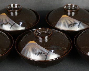 Fine Owan Miso bowl Japan lacquered wood cups Fuji and Matsu Maki-e art 1930