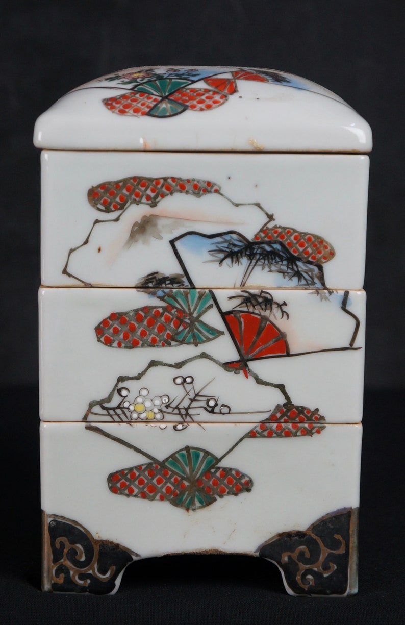 Japan vintage ceramic Bento food box 1930s kiln handcraft image 2