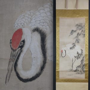 Antique Japan Tsuru bird Kakejiku scroll 1880 watercolor Tosa-Mitsuoki art